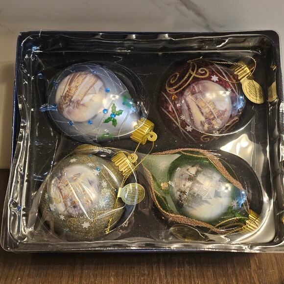 THOMAS KINKADE Bradford Exchange Lighted Ornaments Set of 4 Boxed - Picture 2 of 3